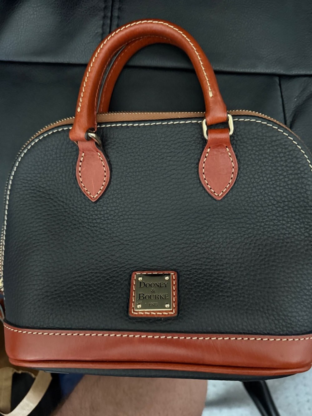 Dooney & Bourke Black Pebbled Leather Dome Satchel with Brown Trim